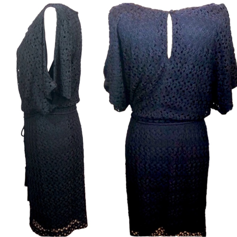 Jessica Howard Navy Blue Crochet Lace Dress Bateau Neckline Women’s Size 6 EUC - Picture 3 of 14